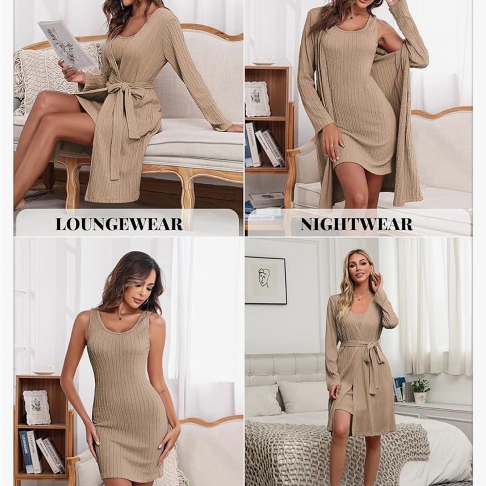 Women's Tan Open-Front loungewear Set - Picture 3 of 3